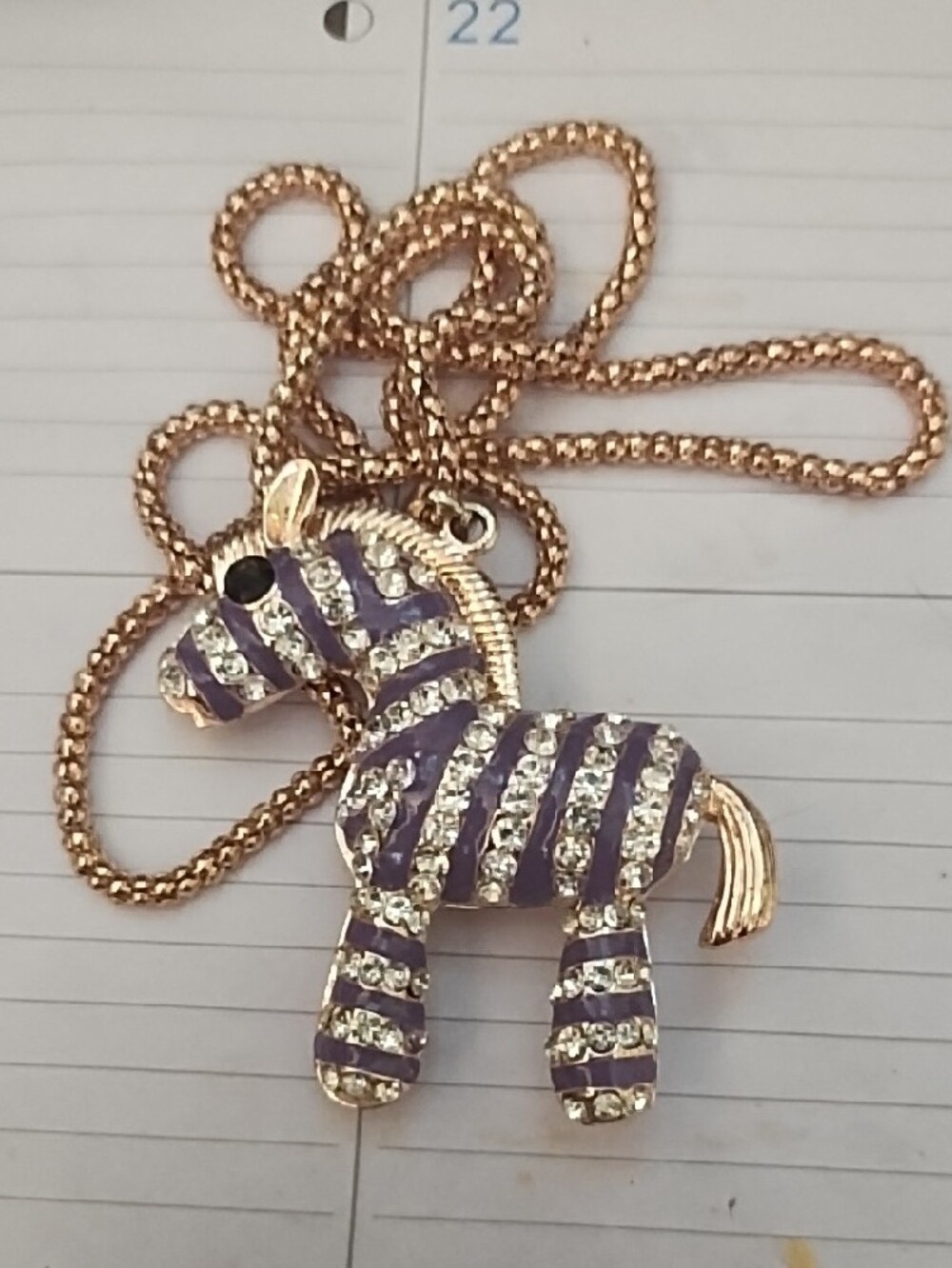 Cute Zebra Pendant Necklace, Purple Enamel Stripes, Clear Crystals, Gold Accents - Picture 2 of 4